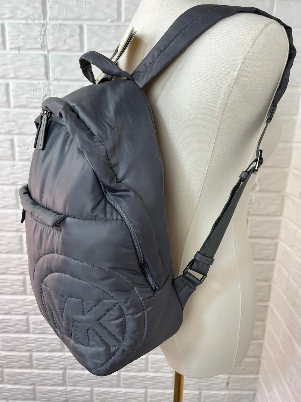 MICHAEL KORS RAE MEDIUM QUILTED NYLON BACKPACK MK LOGO DARK GRAY